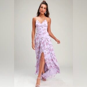 Lulus ‘In Love Forever’ Lavender Floral Lace-Up High-Low Maxi Dress